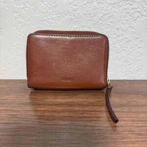 Fossil Fiona Zip Around Multifunction Wallet Coin Purse Brown Goat Leather